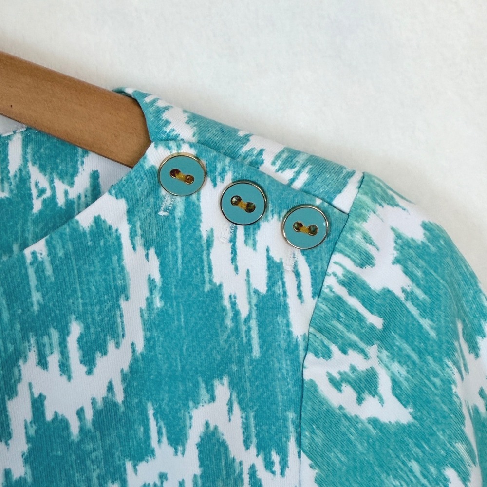 J McLaughlin Teal White Ikat Print Boat Neck 3/4 Sleeve Top Women's Large‎ - Picture 4 of 7